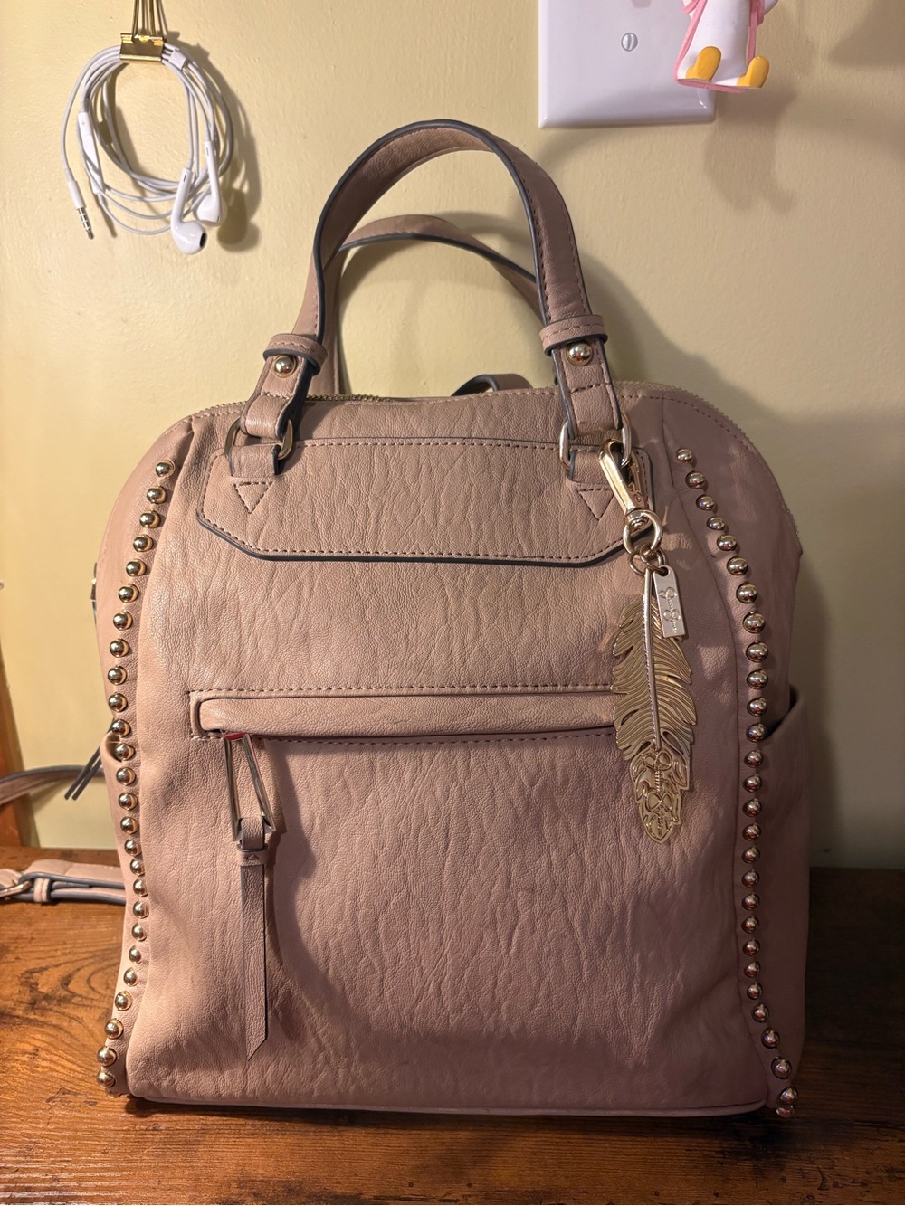 Jessica Simpson - Blush Pink/Nude Studded Tote Bag with Feather Charm